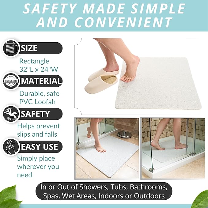 Enkosi Loofah Non-Slip Shower Mat - Shower Floors, Bathtub, Bathrooms, Wet Areas - Cushioned Bath Mat with Drain Holes - Quick Dry PVC, Secure Safety Pad Without Suction Cups (32x24 White)