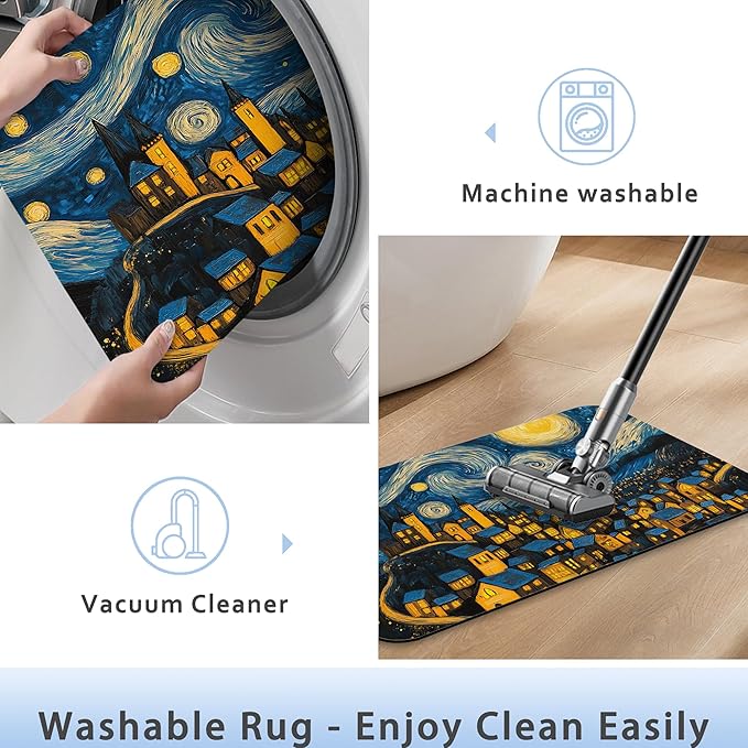 Bathroom Rug 29.5"x17",Night Sky Village Bath Mat with Non-Slip Rubber Backing, Quick-Drying Absorbent Thin Floor Mat for Bathroom, Shower, Sink, or Kitchen