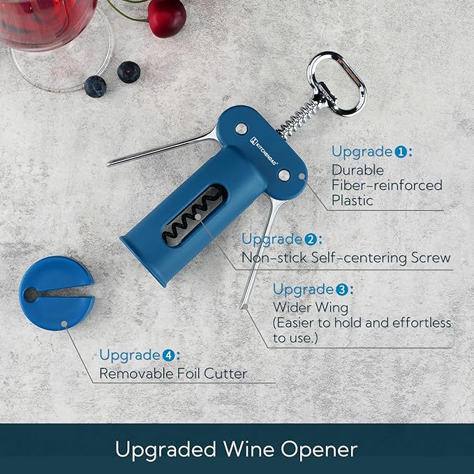 KITCHENDAO 3 in 1 Wing Corkscrew Wine Bottle Opener with Foil Cutter, Built-in Beer Bottle Opener, Multifunctional Wine Opener with Non-Stick Sharp Screw, Easy to Use, Manual Wine Corkscrew, Blue