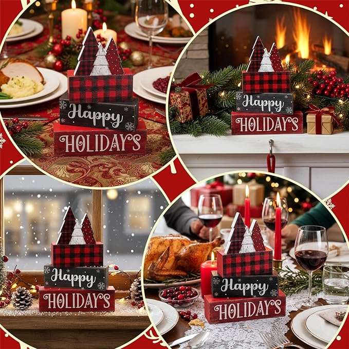 4 Pcs Christmas Table Decor Wooden Tree Decoration Christmas Centerpiece Winter Tiered Tray Decor Decorative Red and Black Buffalo Plaid Block Signs Gift Farmhouse Xmas Decoration for Kitchen