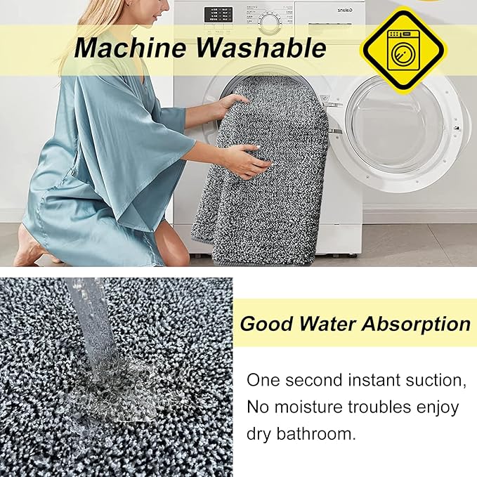 HDFK Bathroom Rugs | Non Slip Washable Bath Mats 30x20 Inches 2 Tone Chenille Medium Pile Floor Mat | Water Absorbent Grey and White Decor | Shower Rug for Shower Wet Dry Zone & Home