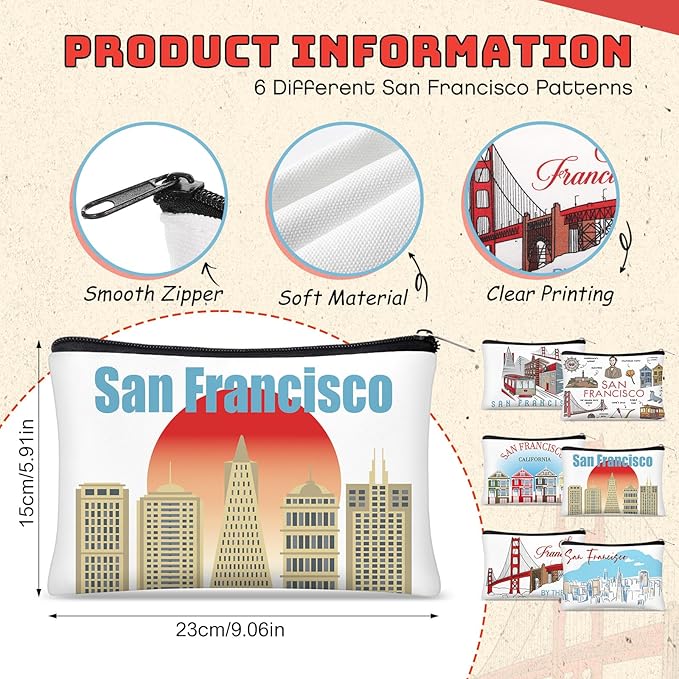 Reginary 6 Pcs City Cosmetic Bag Souvenir Gifts New York Zipper Pouch Chicago Souvenir Seattle Boston Nashville London Paris Italy Alaska Gifts Memento for Women Traveler (San Francisco)