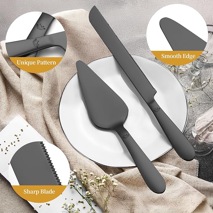 Cake Cutting Set for Wedding - Extended Cake Knife and Server Set Thickened Stainless Steel 13.0" Cake Cutter 10.49" Pie Spatula Great for Birthday Anniversary Christmas Gift 2 Pcs Matte Black