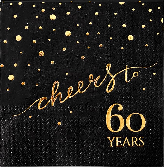100 Pack of 60th Birthday Napkins, Cheers to 60 Cocktail 5x5 Inches Party Paper Napkins for Birthday Decorations Wedding Anniversary Black and Gold, 3-Ply