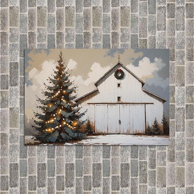 Winter Christmas tree abstract barn print nature country artwork home decor farmhouse canvas poster12x16in(30x40cm)- Unframed