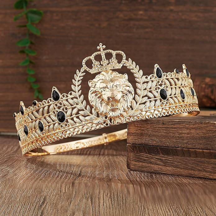 King Crown and Birthday Sash, King Crown for Men,Gold Men's Tiara Prince Diadem,Royal Medieval Cosplay Birthday Prom Halloween Hair Accessories