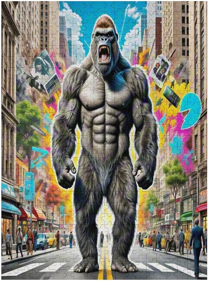 Funny Wooden Puzzle - Gorilla Attacks City Puzzle for Adult 500 Piece，Wooden Jigsaw Puzzles Art Leisure Game Fun Suitable Family Friends Educational Learning Games Gift
