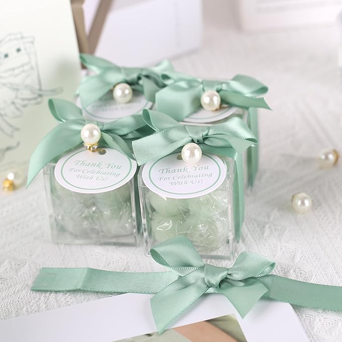 ACITHGL 30 Sets Fully Assembled Small Bubble Candle Party Favors for Guests Bulk Bridal Showers Favors Candles with Stylish Ribbons Thank You Cards Gifts (Green)