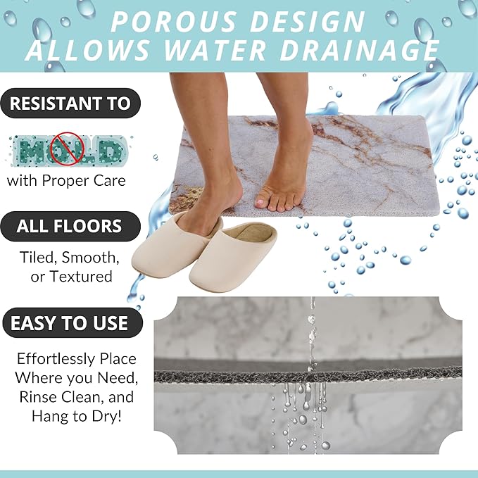 ENKOSI Loofah Non-Slip Shower and Bath Mat - Soft Cushioned Comfort - No Suction Cups for Smooth or Textured Tubs - Fast Draining - Safety for Bathroom, Family and Elderly (24x16 Marble Blue Gold)