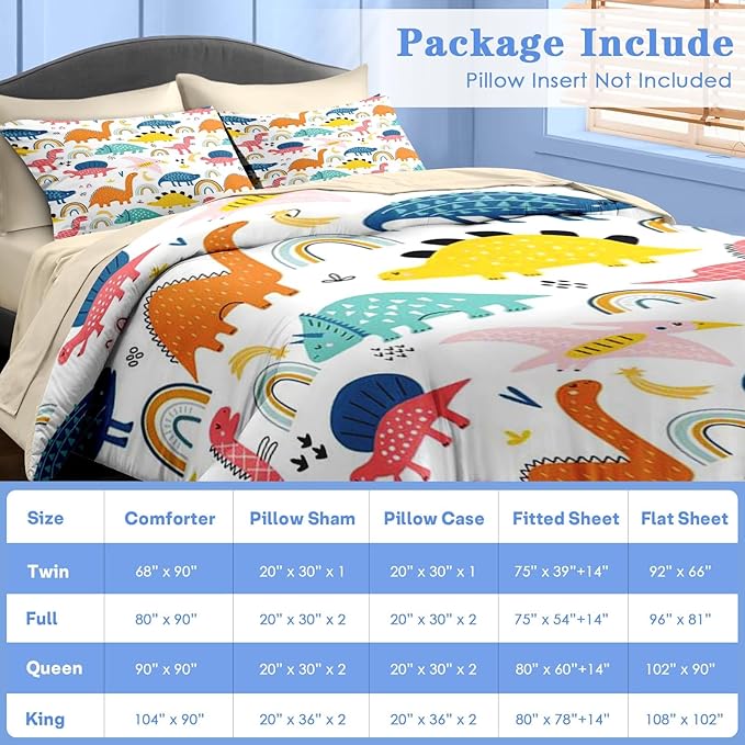 Comforter Set Full Size, Wildlife Baby Dino 7 Pcs Bedding for Kids and Adults, Dinosaur Nursery Rainbow Bed Sheet Sets with Fitted Sheet 2 Pillowcases & 2 Shams for Bedroom Bed Decor