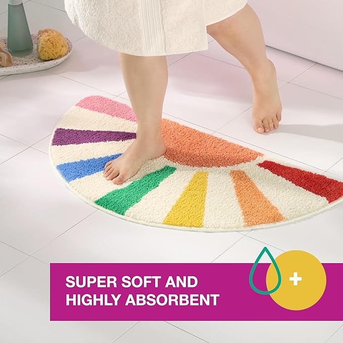 TOWN & COUNTRY PLAY Hello Sunshine Rainbow Sun Half Circle Shaped Bath Mat, Absorbent Tufted Floor Mat, Non-Slip Backing, Machine Washable, Multicolor, 32.7"x16.5"