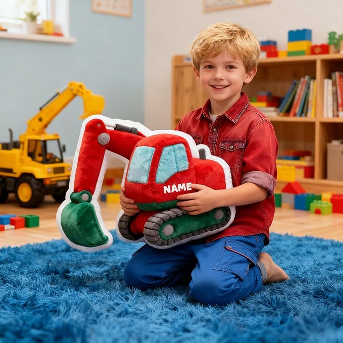 Personalized Excavator Shaped Pillow, Custom Name Plush Stuffed Pillows, Suitable for Beds, Sofas, Bedrooms, Living Rooms Custom Decorative Cushion Gifts for Birthday and Anniversary