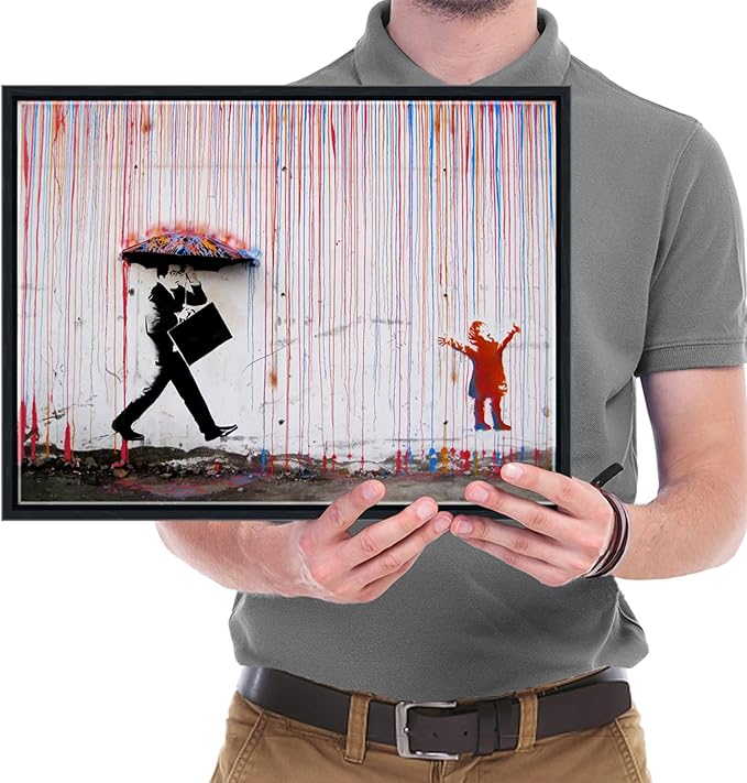 Wieco Art Framed Banksy Raining Day or Colorful Graffiti Street Famous Canvas Paintings Wall Art Modern Inspirational Grey Love Pictures Print Artwork for Home Office Decor