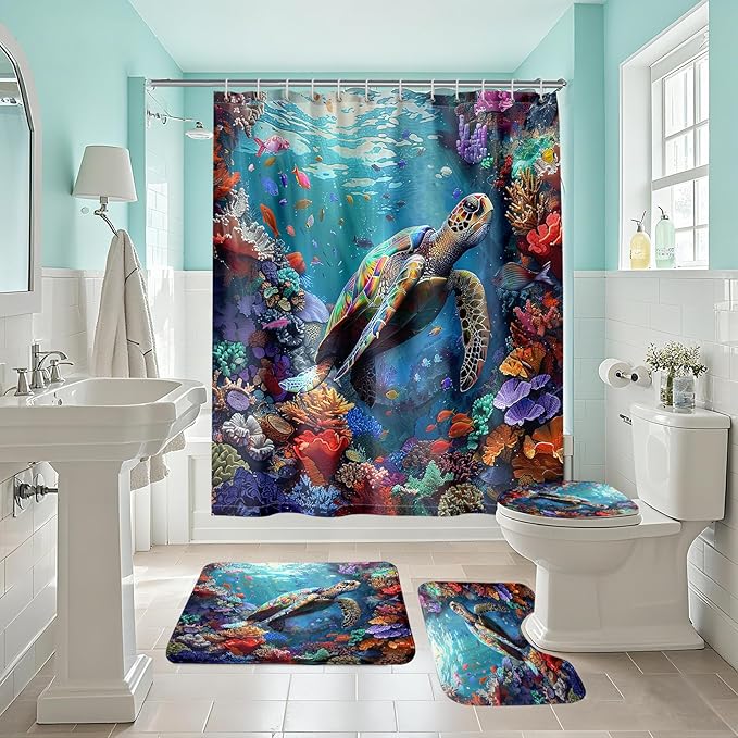 Turtle Shower Curtains for Bathroom - 4 Pcs Kids Shower Curtain Set Ocean Shower Curtains for Bathroom Sea Turtle Shower Curtain Set with Rug,Toilet Cover and Bath Mat with 12 Hooks