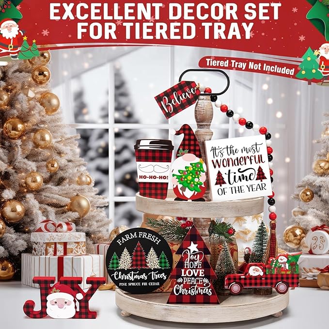 Christmas Tiered Tray Decor 8 PCS Xmas Decorations Indoor - Believe Merry Christmas Table Decor Wooden Signs - Xmas Farmhouse Decor 3 Tier or 2 Tier for Home Room Kitchen Mantel Holiday