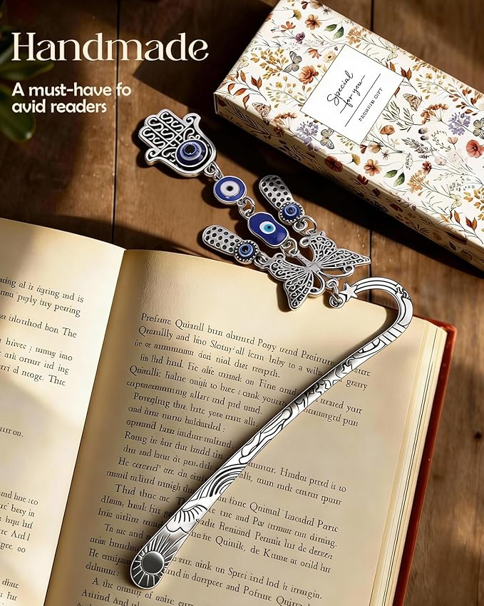 Buleens Bookmarks for Women Reading - Book Marks for Readers Book Lovers, Cute Sliver Butterfly Blue Eye Personalized Metal Bookmark with Pendants, Pretty and Aesthetic Book Accessories Reading Gifts
