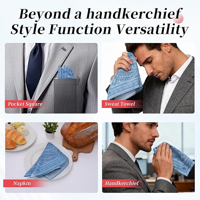 Handkerchiefs for Men, Reusable Soft Cotton Pocket Squares for Men with Holder, 12 x12 Inch