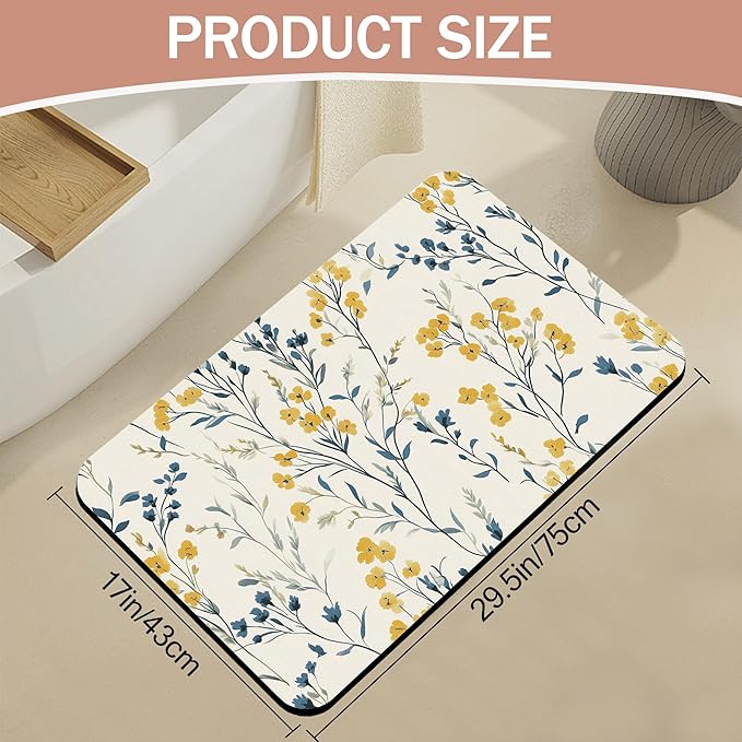 Blue Leaves Bath Mat,Yellow Berries Diatomaceous Earth Bath Mat,Rubber Backing Quick Dry Absorbent Washable Bathroom Rugs for Tub Non Slip 17"x29.5"
