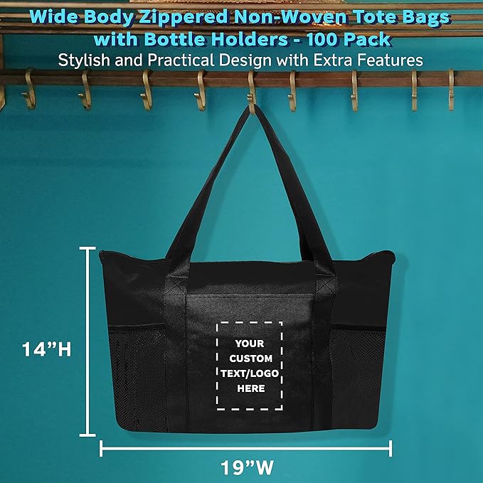 DISCOUNT PROMOS 100 Zippered Non-Woven Tote Bags Set - Customizable Text, Logo - Mesh Pocket, Zippered, Recyclable, Reusable - Black - 19"X14"X3", with Zipper