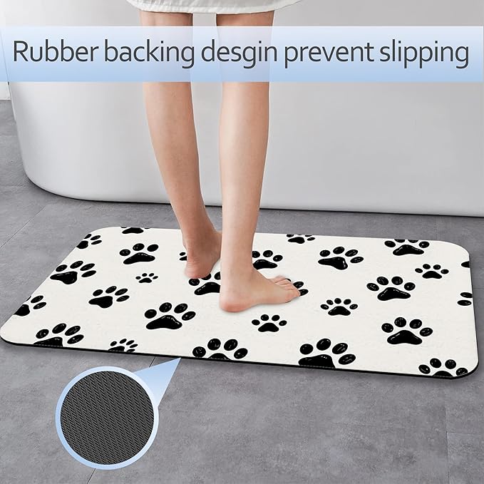 Black White Dog Paws Bath Mat 29.5"x17",Slim Low-Profile Fast Drying Super Absorbent Bathroom Rug with Non-Slip Backing, Easy-Clean Modern Floor Mat for Tub, Shower, or Entryway