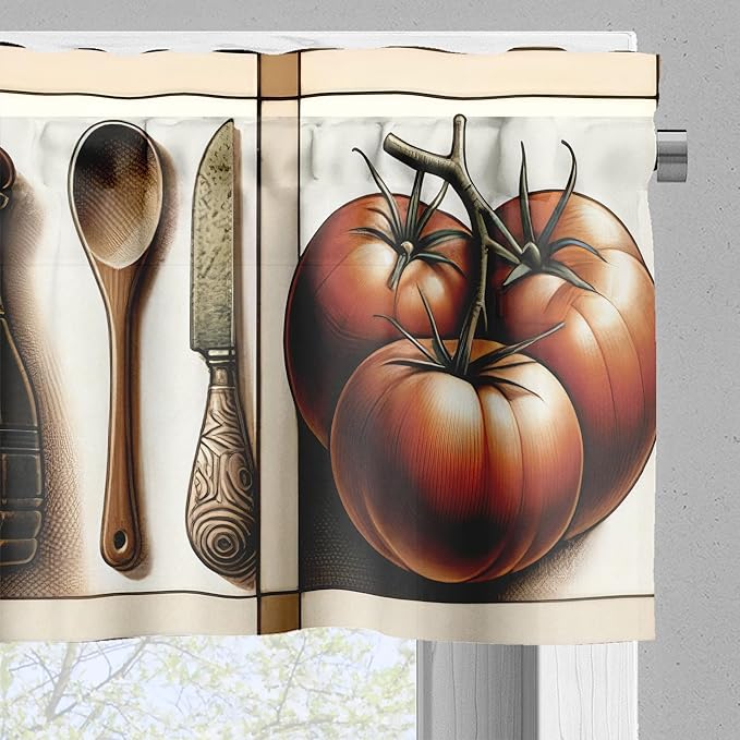 Ambesonne Vintage Valance & Tier Curtain 3 pcs Set, Tomato Checkered Gingham Squares Food Art Leaf Details Cozy Cottagecore, Window Treatments for Kitchen Room Decor, 55" x 36", Paprika Rust and Green