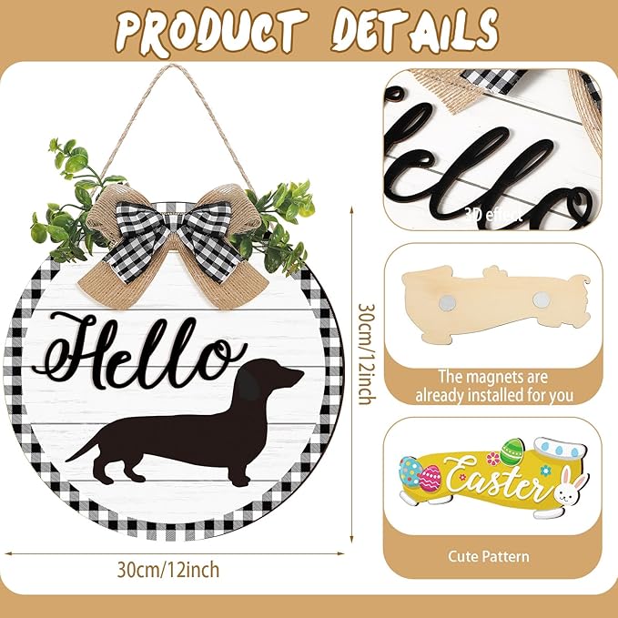 Glenmal 16 Pcs Seasonal Dachshund Door Decor for All Season and Holiday Hanging Cute Christmas Dachshund Welcome Sign Rustic Wooden Farmhouse Front Door Signs Outdoor(White with Plaid Frame)