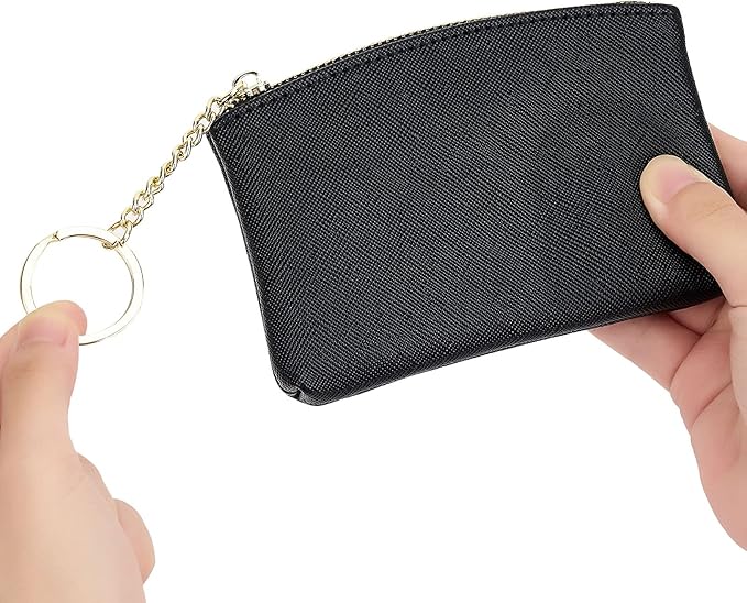 WOZEAH Artificial Leather Coin Purse Change Purse With Key Chain Ring Zipper For Men Women (Black)