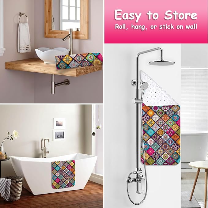 Bathtub Mat Non Slip, Bohemia Extra Long Bath tub Mat Shower Floor Mat with Suction Cups and Drain Holes for Adults Kids Elderly 40 X 16 Inch