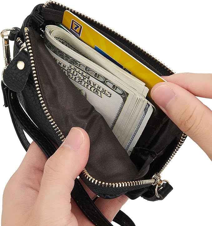 Genuine Leather Coin Purse for Women with Large Opening & Wrist Strap Navy (Black)