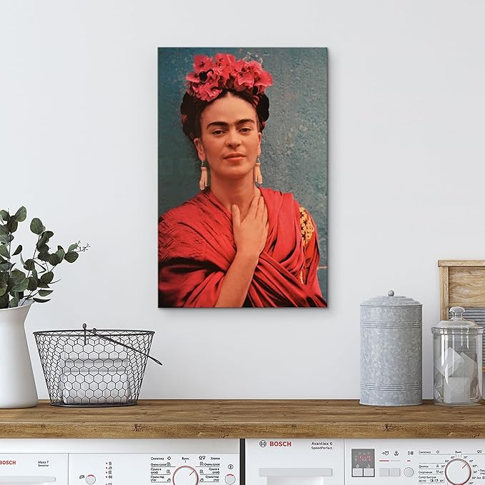 wall26 Canvas Print Wall Art Mexican Master Artist Frida Kahlo in Flower Headpiece Historic Classic Photography Realism Traditional Portrait Vintage Retro for Living Room, Bedroom, Office - 12"x18"