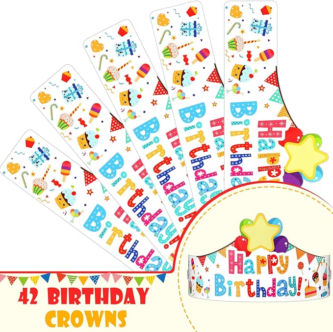 Outus 42 Pack Happy Birthday Crowns for Kids Classroom with Elastic Band for Teachers Students Kindergarten Party