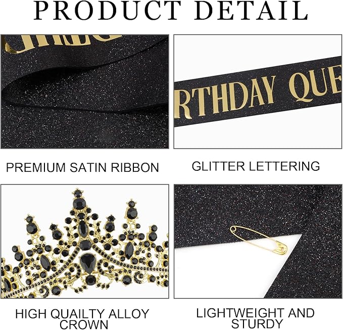COCIDE Black Birthday Sash and Crown for Women - Crystal Tiaras Decorations for Girl,Glitter Rhinestone Gifts Headband Sashes Decor,Coronas for Queen,Happy Birthday Accessories Party Favors