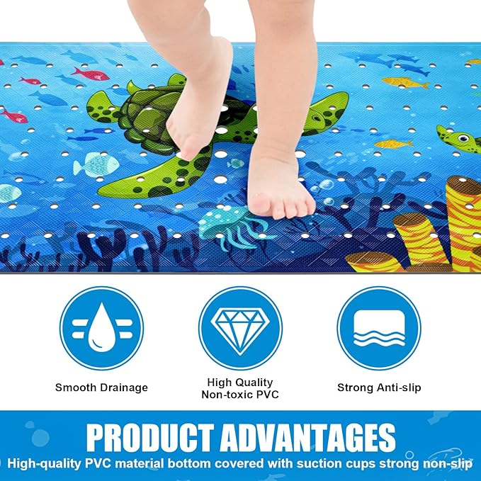 Vanleonet Baby Bath Mat for Tub, 40''x17'' Extra Long Bathtub Mat Non Slip, Bathtub Mat Non Slip Kids with Suction Cups & Drain Holes, Machine Washable, Sea Turtle