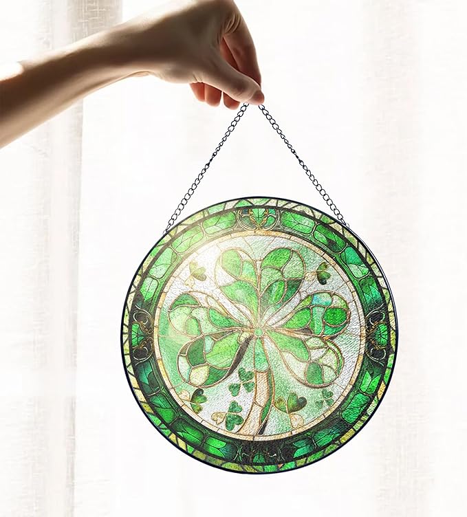 FLAGWIX Irish Gifts for Women Men - 100% Stained Glass Hanging Suncatcher 8 in - Birthday Irish Decorations for Family Friends, Shamrock Home Decor, St Patricks Day Decorations