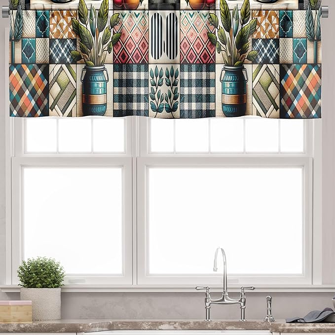 Ambesonne Farmhouse Valance & Tier Curtain 3 pcs Set, Bohemian Mosaic Style Pattern with Pigs Fruits and Botanical Motifs, Window Treatments for Kitchen Room Decor, 55" x 45", Teal Pink and Green