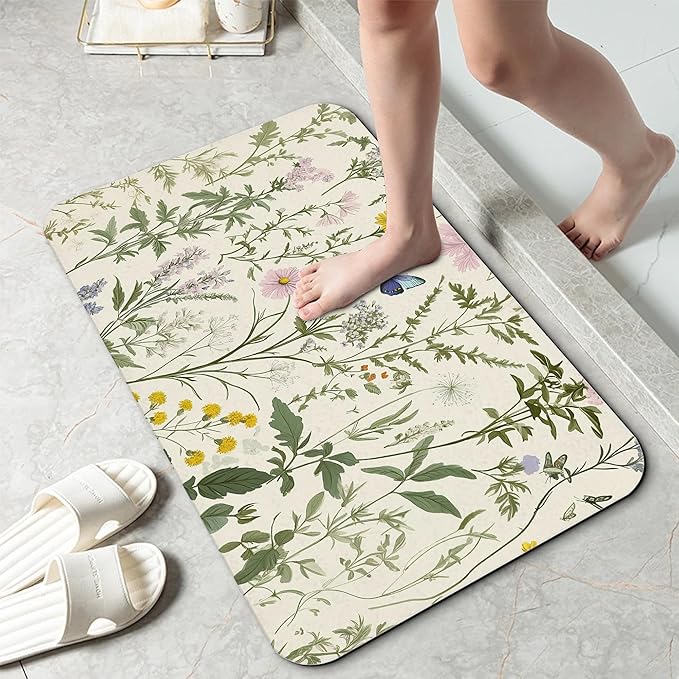 Vintage Floral Bath Mat 29.5"x17", Herbs Wild Flowers Slim Low-Profile Fast Drying Super Absorbent Bathroom Rug with Non-Slip Backing, Easy-Clean Modern Floor Mat for Tub, Shower, or Entryway