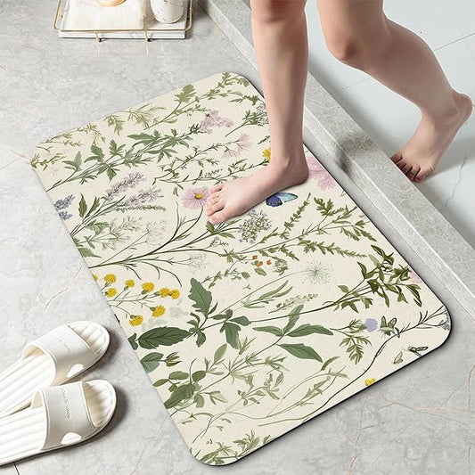 Vintage Floral Bath Mat 29.5"x17", Herbs Wild Flowers Slim Low-Profile Fast Drying Super Absorbent Bathroom Rug with Non-Slip Backing, Easy-Clean Modern Floor Mat for Tub, Shower, or Entryway