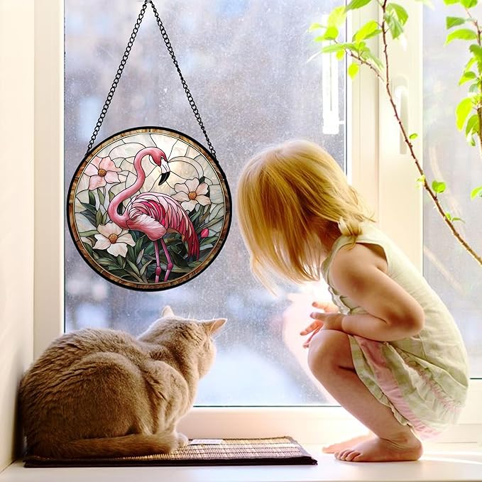 Stained Glass Window Hanging, Flamingo Flower Sun Catchers Diamond Glass Panel Hangings Pink Suncatcher Decor for Birthday for Women, Men, Wife, Aunt, and Mom 9.8 in
