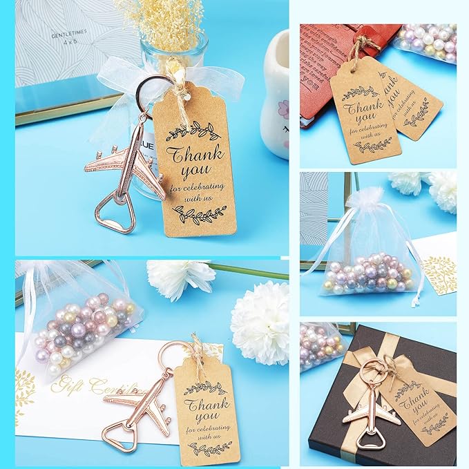 Honeydak 20 Set Airplane Bottle Opener Keychains with White Sheer Favor Bag Thank You Card Tags for Wedding Favor Baby Shower Return Presents Travel Theme Party Let the Adventure Begin