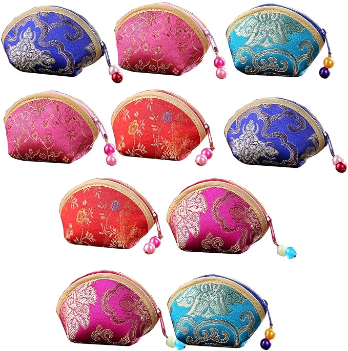 MIAO JIN 10Pcs Silk Coin Purse Zipper Purse Embroidery Sugar Jewelry Bag Lipstick Container Coin Wallet Gift Bag