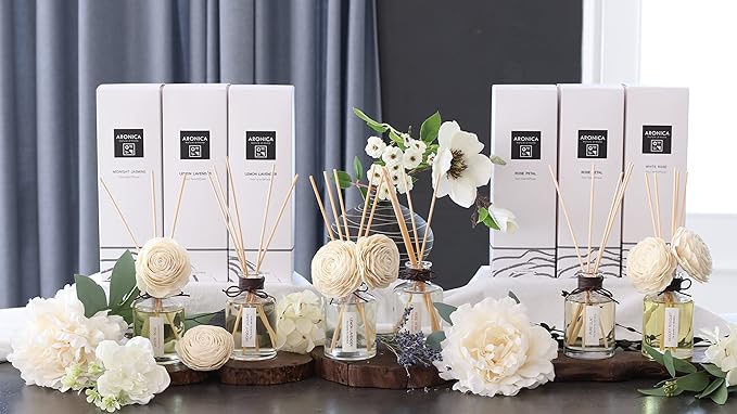 Aronica Twin Sola Diffuser - Midnight Jasmine Fragrance, 160ml / 5.41 Floz, Bedroom Nightstand Table Top Deor, Jasmine Essential Oil defusser with Flower, Bathroom Counter Decor, Apartment Entryway