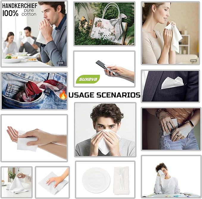 Gifts Cotton Handkerchiefs 100% Soft Cotton 12-Pack White handkerchif and Blue cotton handkerchief for Men and Women
