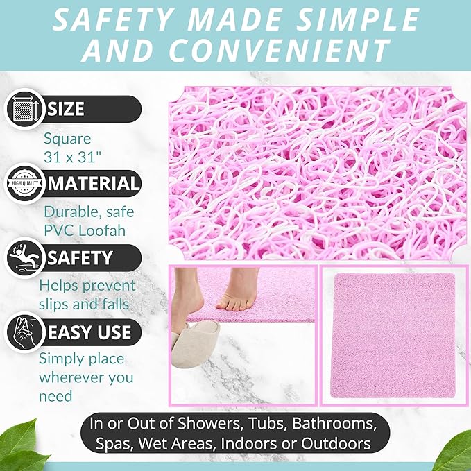 ENKOSI Soft Loofah Mat - Extra Large Square Shower Mat - Non Slip Bathroom Bath Shower Mat - Pink Mix (31x31 inches)