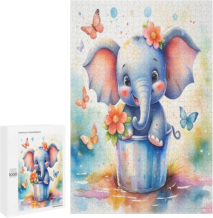 Wooden Puzzles 1000 Piece，Colorful Happy Elephant Themed Jigsaw Puzzles，Educational Games，Family Puzzles，Unique Gifts for Wall Art，Funny Puzzles，Stress Relief Games，Puzzle Games
