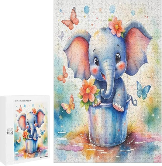 Wooden Puzzles 1000 Piece，Colorful Happy Elephant Themed Jigsaw Puzzles，Educational Games，Family Puzzles，Unique Gifts for Wall Art，Funny Puzzles，Stress Relief Games，Puzzle Games