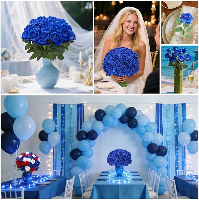 Roses Artificial Flowers, Fake Velvet Silk Roses with Stems for Indoor Outdoor Decor, Realistic Roses in Bulk for Wedding Centerpiece Party, Valentines Birthday (24,Blue)