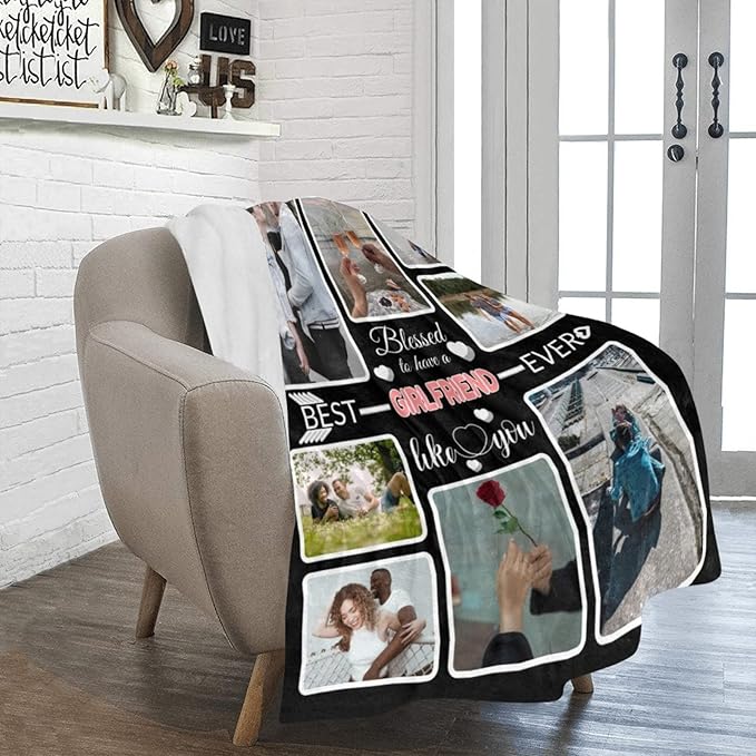 Custom Blanket Gifts for Girlfriend, Customized Blankets with Photos, Make a Personalized Bed Throws, Custom Souvenir Throw Blanket for Best Girlfriend Ever, 8 Collages Made in USA