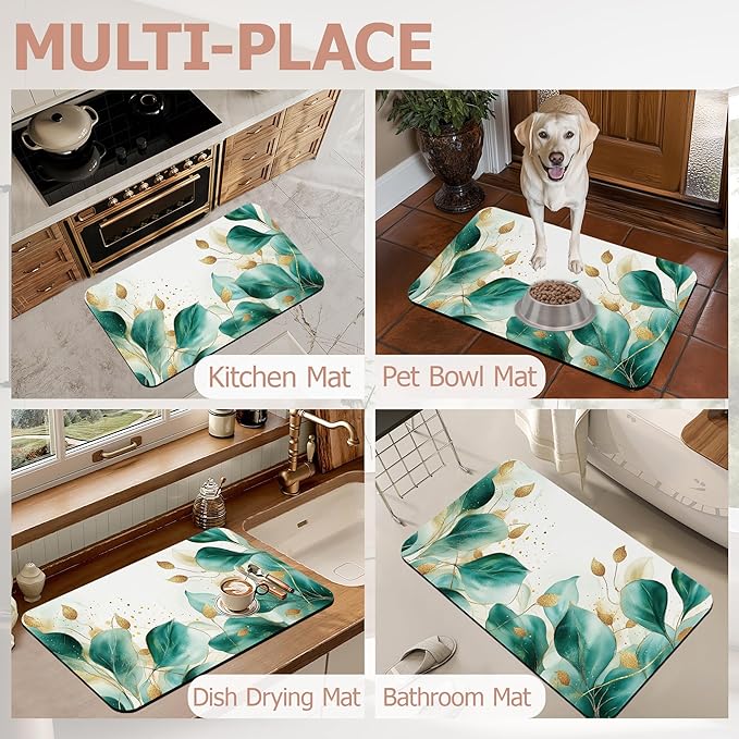 Eucalyptus Gree Bathroom Rugs,Bath Mats for Bathroom,Gold Foil Low Pile Absorbent Bath Mat,Rubber Backing Non Slip Washable Thin Quick Dry Door Mat 17x29.5 Inch