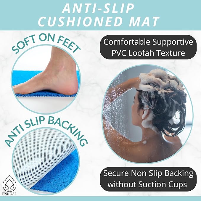 ENKOSI Loofah Non-Slip Shower and Bath Mat - Soft Cushioned Comfort - No Suction Cups for Smooth or Textured Tubs - Fast Draining - Safety for Bathroom, Family, Kids, and Elderly (24x16 Blue)