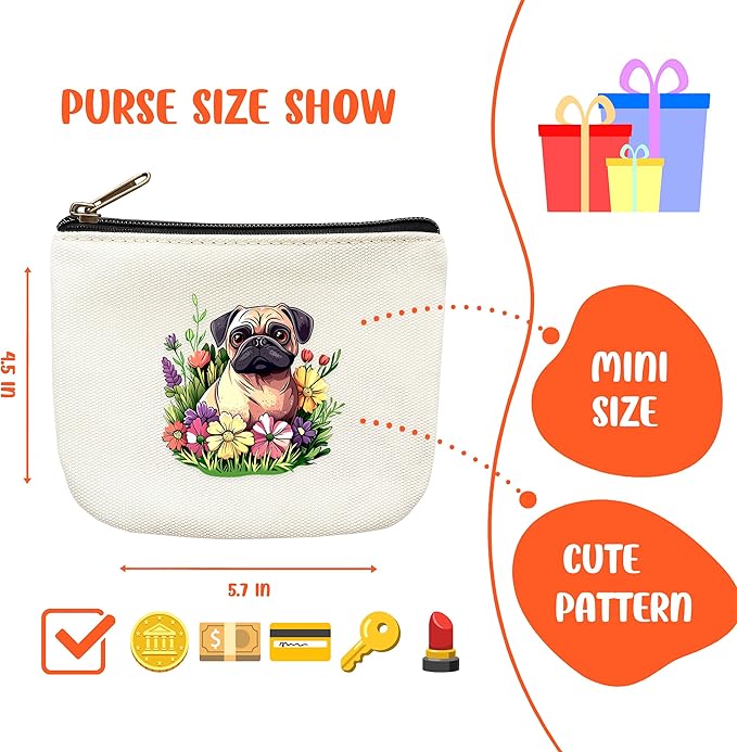 Pug Coin Purse Pouch Bag Holder for Teens Girls Women Kids, Pug Lovers Gifts Stuff Decor, Small Mini Purse Coin Card Key Headset Lipstick!